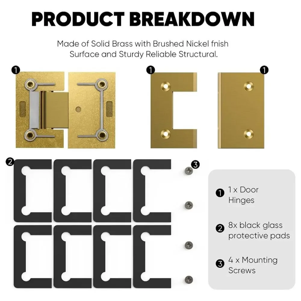 AatrixQuayn 180° Shower Door Hinges 2 Pack Solid Brass Brushed Gold 8-12mm